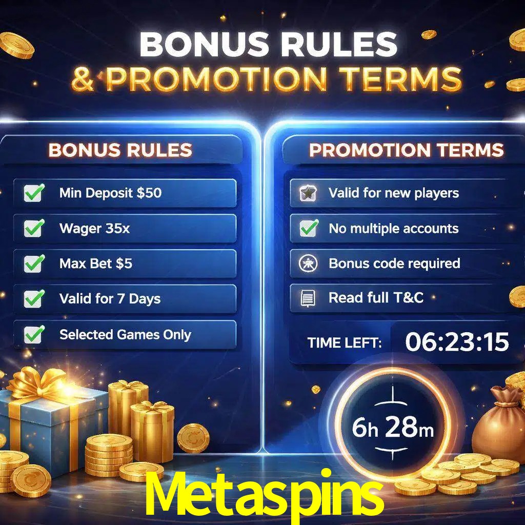 Reglas de promoción Metaspins y condiciones de bonos explicadas visualmente
