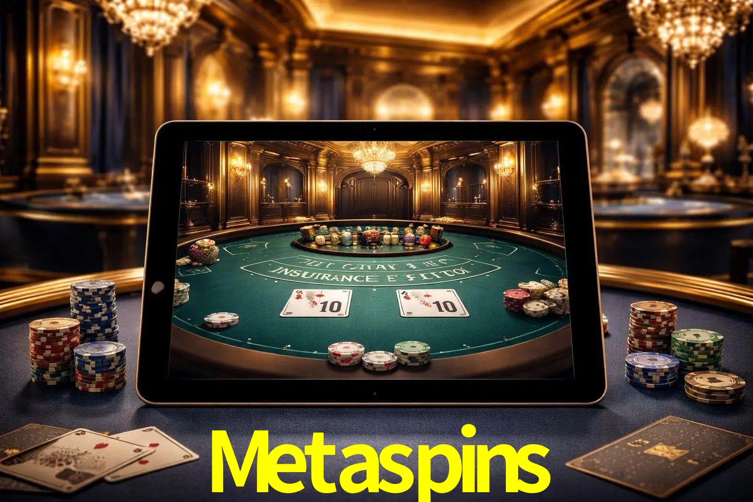 Configuración moderna de casino en vivo con una tableta mostrando una mesa de blackjack, luces cálidas de estudio y una atmósfera elegante de juegos digitales.