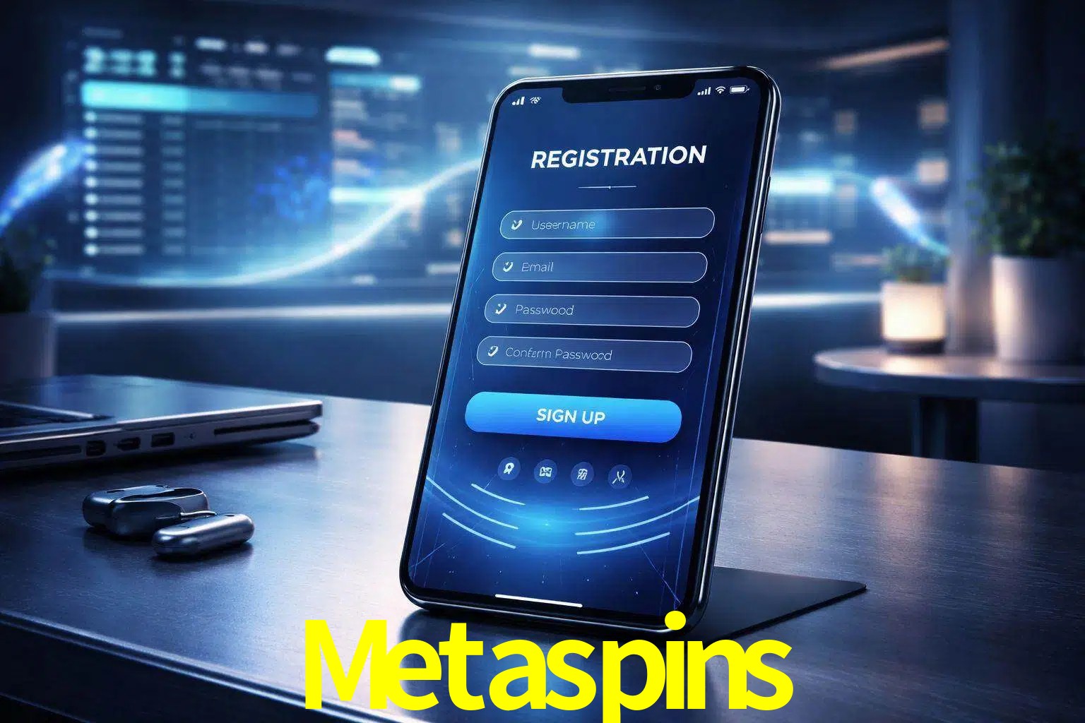 Una interfaz moderna de registro móvil para Metaspins mostrada en un smartphone con un panel de apuestas elegante.